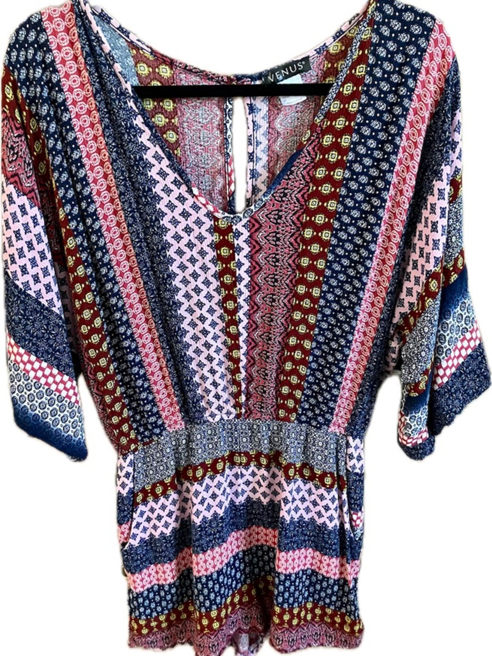 VENUS Multicolor Printed V-Neck Romper in Navy, Pink & Burgundy